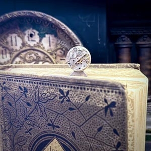 Puede incluir: Un peque&ntilde;o mecanismo de reloj plateado, con intrincados engranajes, se exhibe sobre un libro antiguo con un dise&ntilde;o floral. El fondo presenta una esfera de reloj y elementos arquitect&oacute;nicos, evocando un estilo steampunk. El libro mide unos 20 cm de largo.