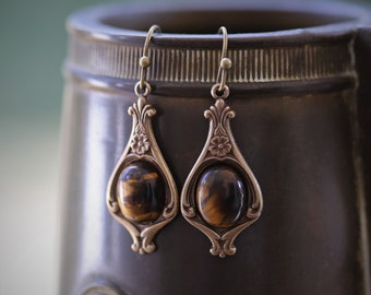 Tigers Eye Earrings - and Other Minerals on an Elegant Victorian Base in Antiqued Silver or Brass - Choose a Stone