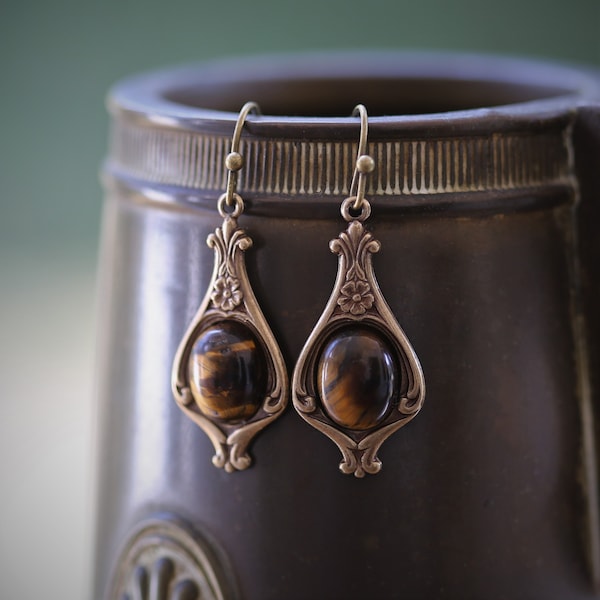 Tigers Eye Earrings - and Other Minerals on an Elegant Victorian Base in Antiqued Silver or Brass - Choose a Stone