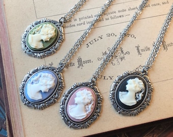 Cameo Lady Pendant Necklace in Silver- Pick a Color