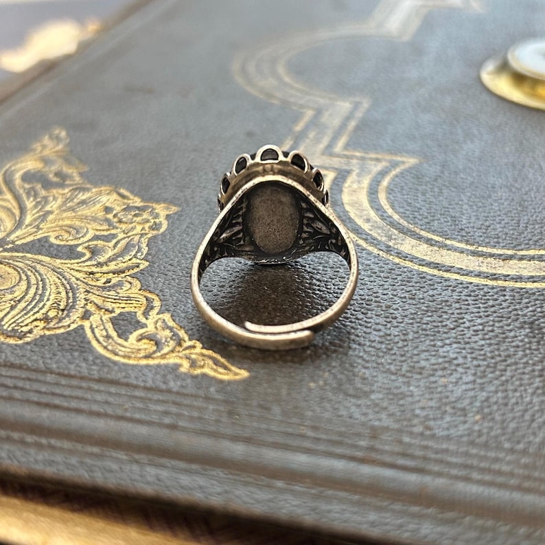 Mushroom Ring in Antique Silver or Brass, Adjustable Cameo Ring Vintage ...