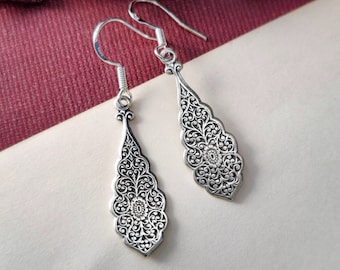 Medieval Filigree  Earrings in Antiqued Silver or Brass, Vintage Antique Elengant