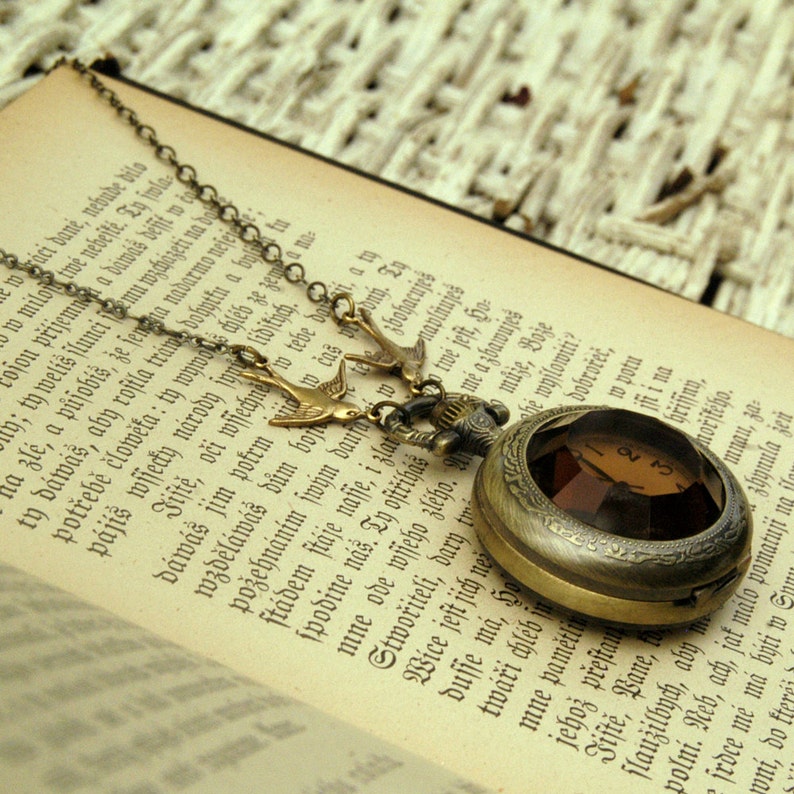 Amber Glass Pocket Watch Necklace Etsy