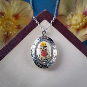 Locket Necklace with Little Gardeners Cabochon in Antiqued Silver or Brass Retro Style