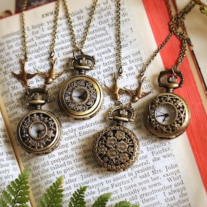 Flower Small Pocket Watch Necklace for Women, Hidden Watch Locket