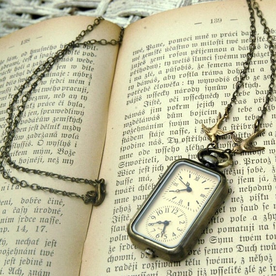 Double Faced Working Watch Necklace in Bronze.  Battery operated