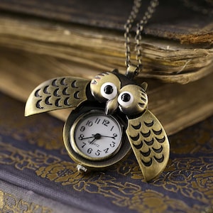 Silver Owl Watch Necklace with Wings Choose Gold, Brass, Gunmetal or Silver Finish image 5