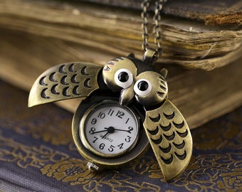 Owl Watch Necklace in Antiqued Brass - Battery Operated - Choose Gold, Silver, Brass or Gunmetal Finish