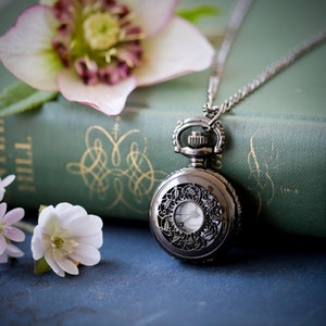 Pocket Watch Necklace in Gunmetal- Choose From Three Styles - Daisy, Window, or Rose