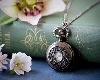 Pocket Watch Necklace in Gunmetal- Choose From Three Styles - Daisy, Window, or Rose