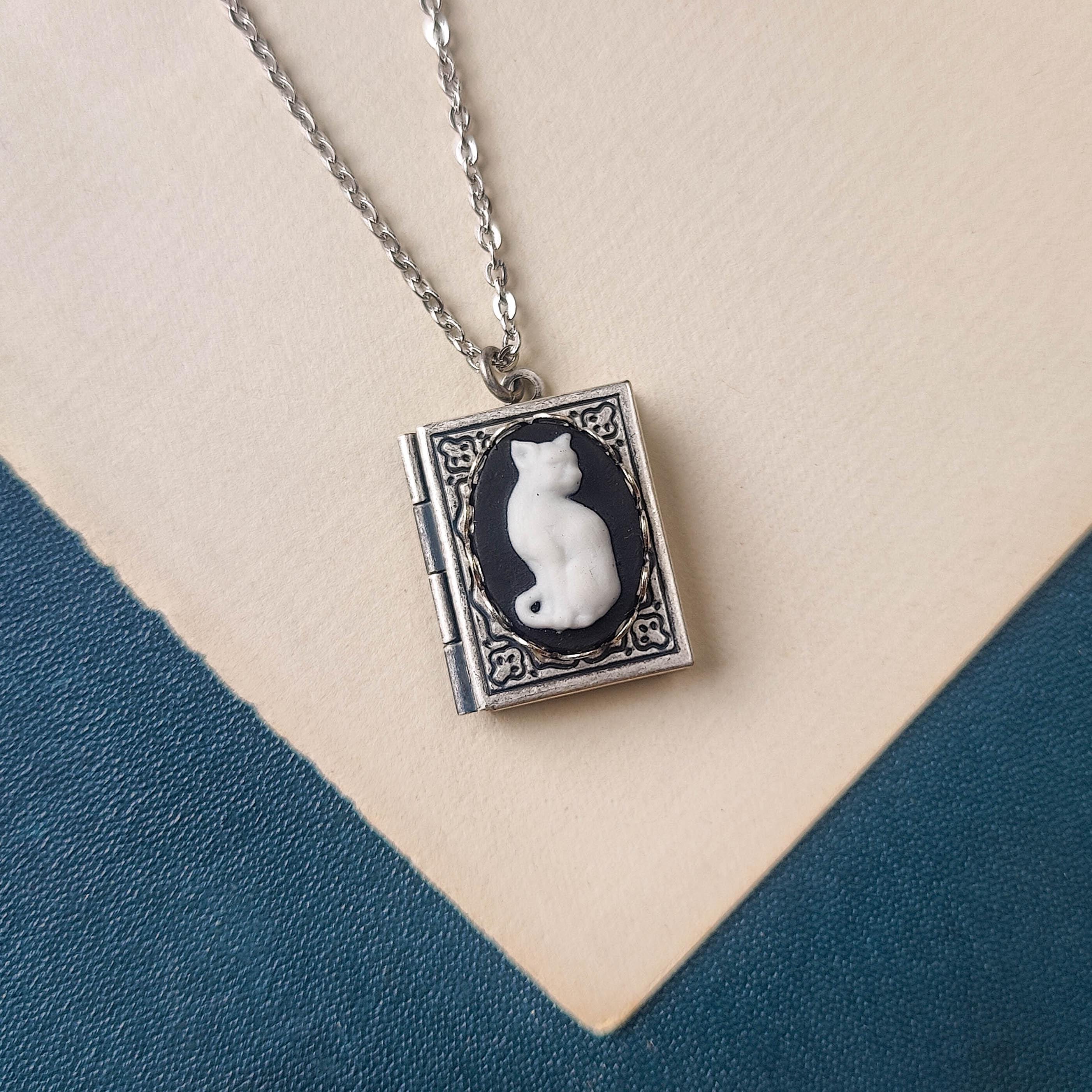 Medaglione Ovale Con Cammeo Gatto Nero - Ciondolo Retrò Portafoto In Argento, Collana 24 Pollici