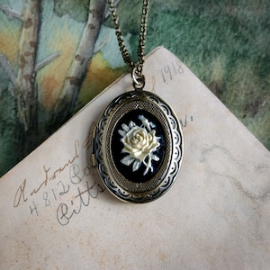 Rose Flower Stem Cameo Oval Vintage Style Brass Locket