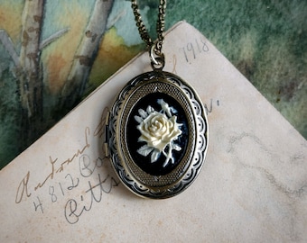 Rose Flower Stem Cameo Oval Vintage Style Brass Locket