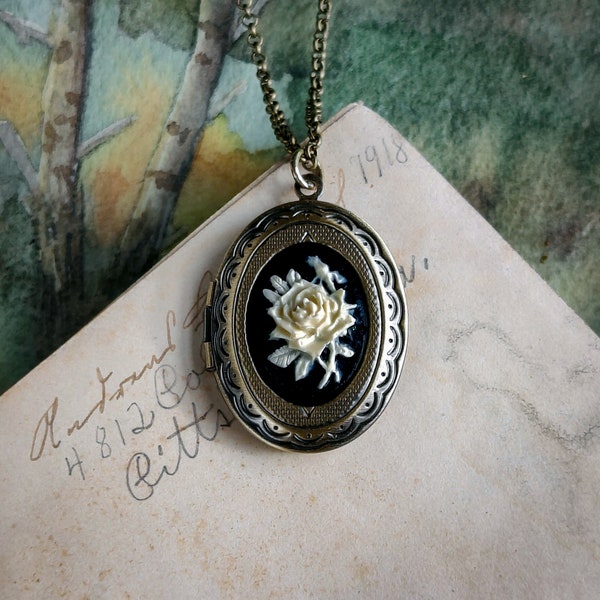 Rose Flower Stem Cameo Oval Vintage Style Brass Locket