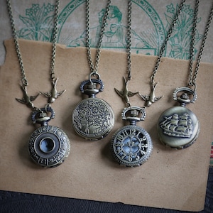 Vintage Style Watch Necklace in Antique Brass Finish - Choose Ship, Clock Face, Zodiac or Time Lord