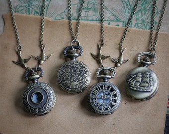 Vintage Style Watch Necklace in Antique Brass Finish - Choose Ship, Clock Face, Zodiac or Time Lord