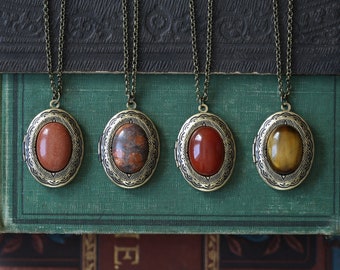 Orange Stone Oval Vintage Locket in Goldstone, Leopardskin Jasper, Tigereye or Carnelian