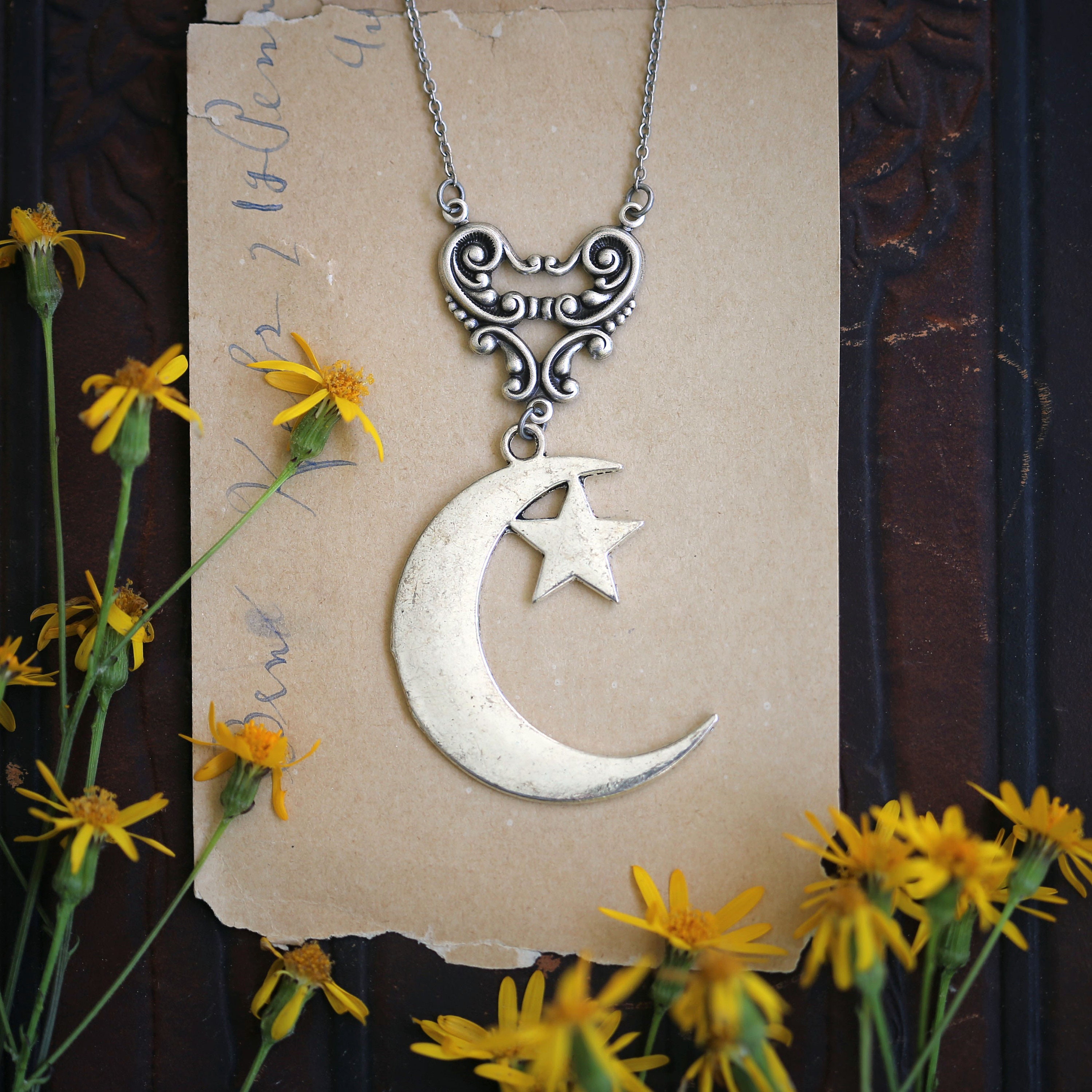 Crescent Moon and Star Pendant Necklace in Brass Etsy Australia