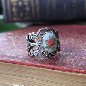 Vintage Style Filigree Ring with Rose Cameo Adjustable Ring in Silver or Brass.  Available in Pink, Blue, or Yellow