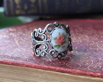 Vintage Style Filigree Ring with Rose Cameo in Silver or Brass adjustable cuff.  Available in Pink, Blue, or Yellow