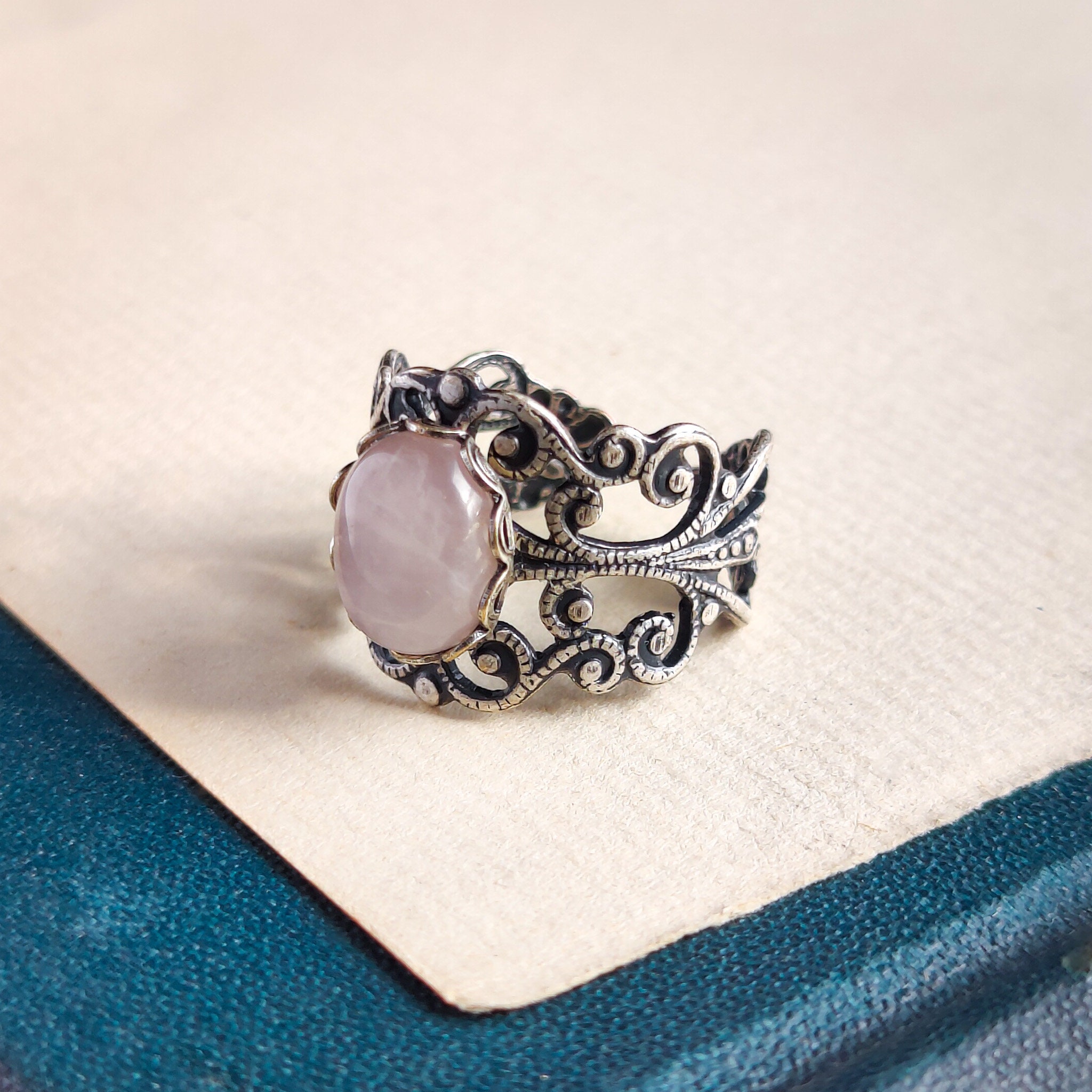 Bague Quartz Rose Naturel Rectangulaire - Réglable, Faite Main, Oxydée, Cadeau Homme/femme (taille US-8)