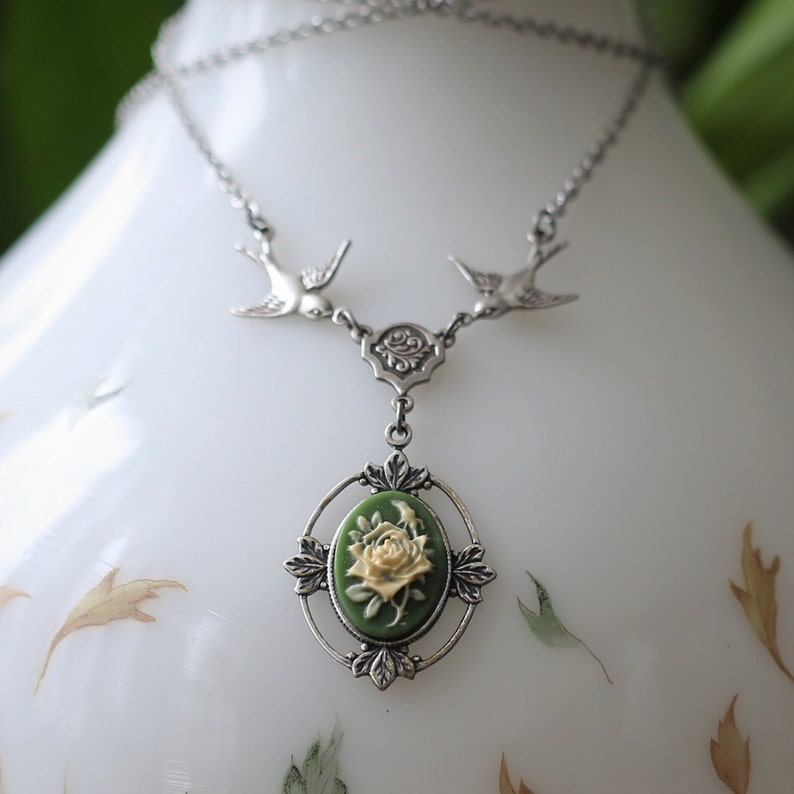 Victorian Rose Flower Cameo Necklace Choose a Color and Metal Green