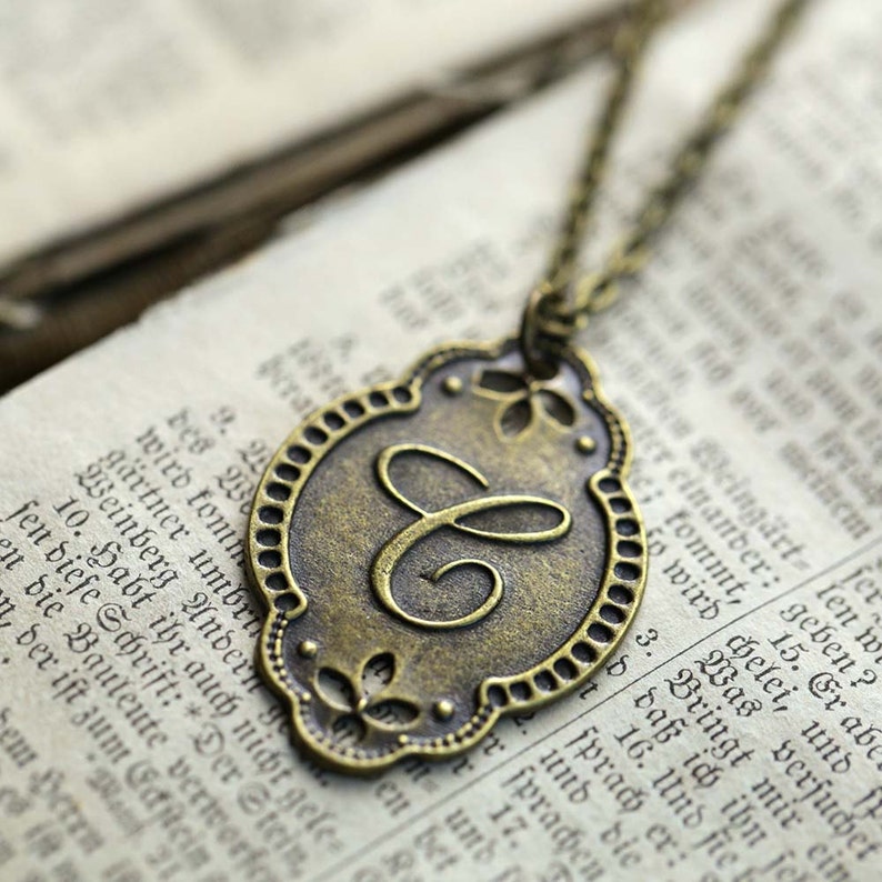 Letter c antiqued brass vintage style monogram pendant necklace