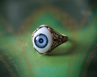 Blue Eye Ring in Antiqued Silver or Brass Vintage Style Adjustable Band