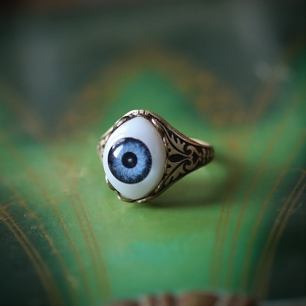 Blue Eye Ring in Antiqued Silver or Brass Vintage Style Adjustable Band