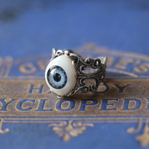 Blue Eye Ring in Antiqued Silver or Brass Vintage Style Adjustable Band