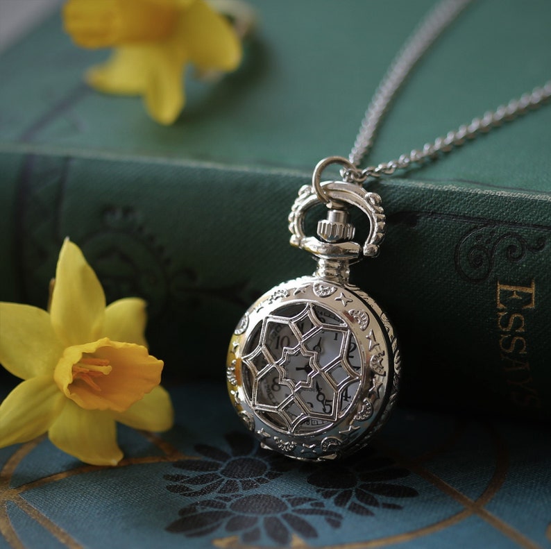 silver spanish tile design batter pocket watch necklace