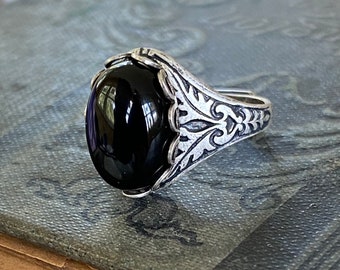 Stone Ring - Black Onyx, White Howlite or Black and Gray Snowflake Obsidian in Silver or Brass 14x10mm