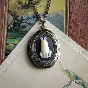 Rabbit Locket Cameo Necklace Oval Vintage Style Brown and Cream in Brass or Silver