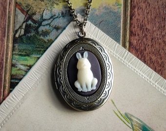 Bunny Cameo Oval Vintage Style Brown and Cream Locket Necklace in Brass or Silver