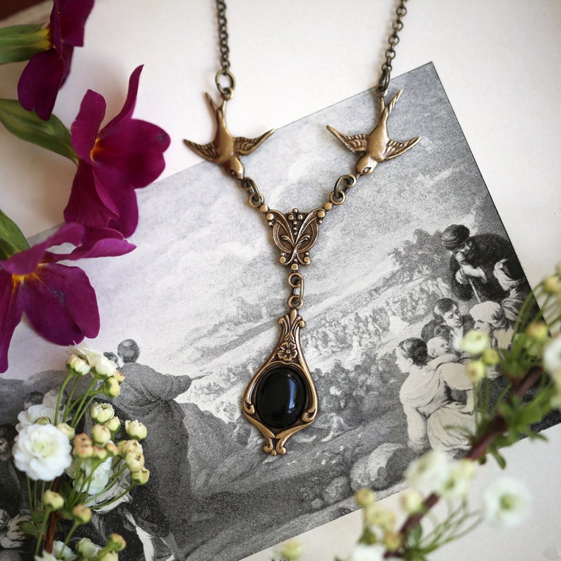 Lovely Victorian Stone Necklace with Birds in Antiqued Silver or Antiqued Brass Choose a Black Brown Yellow or Gray Stone or Shell Black Onyx