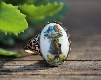 Vintage Girl Holly Hobbie Cabochon Set on Adjustable Rings in Antiqued Silver or Brass - Choose A Style