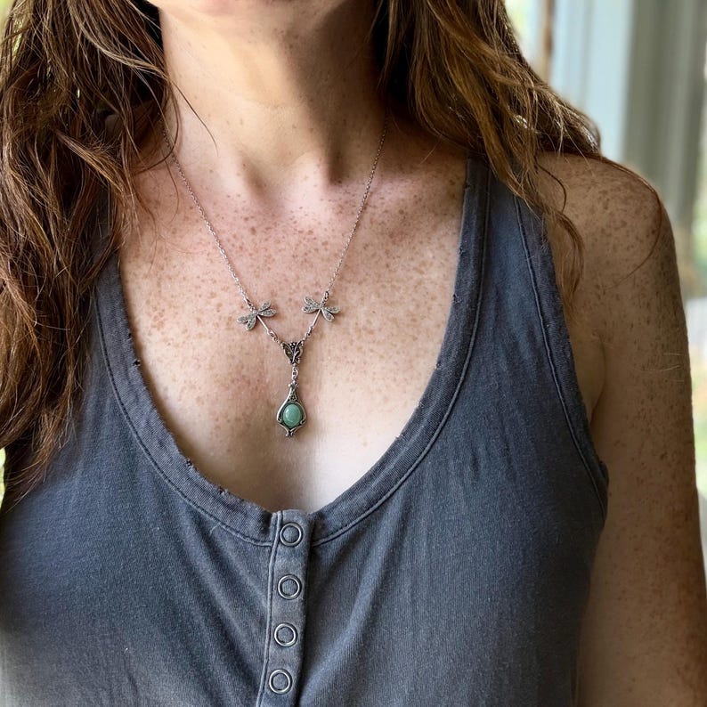 Dragonfly Necklace with Blue Stone or Shell Vintage-Style Victorian Drop - Agate, Howlite, Sodalite, Paua Shell. Antiqued Silver or Brass image 10
