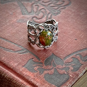 Unakite and Brass Stone Adjustable Filigree Ring orange and green 画像 6