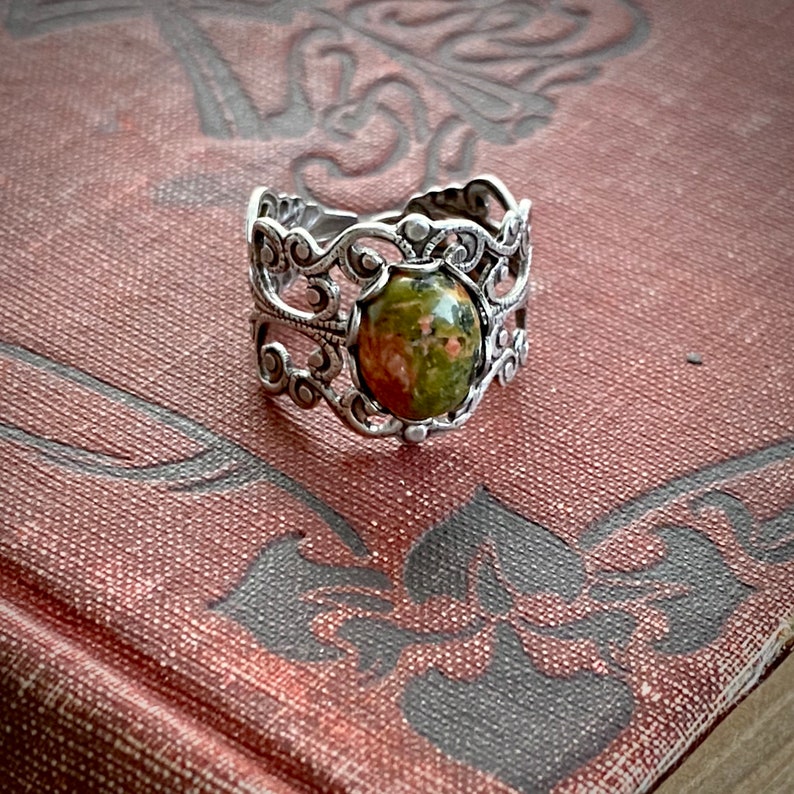 Unakite and Brass Stone Adjustable Filigree Ring orange and green 画像 6