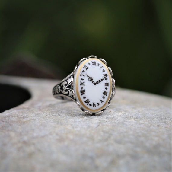 Vintage Clock Face Cameo Adjustable Ring on Silver or Brass - Etsy