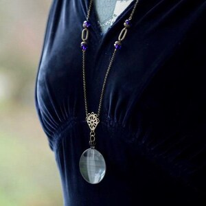 Monocle Necklace with Filigree and Blue Beads Vintage Style