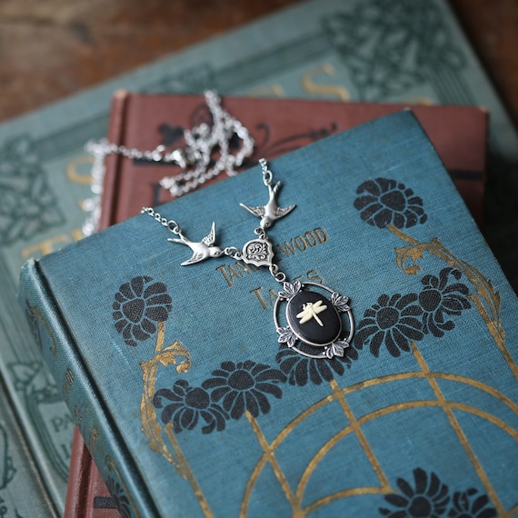 Dragonfly Cameo Victorian Pendant Necklace with Birds in Vintage Style - Pick a Dragonfly, Angel, Thistle, or Bee Cameo
