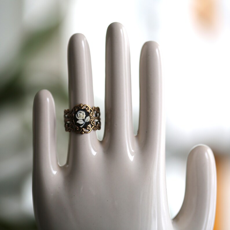 Rose Cameo Adjustable Filigree Ring in Antique Brass or Sterling Silver Plate image 8