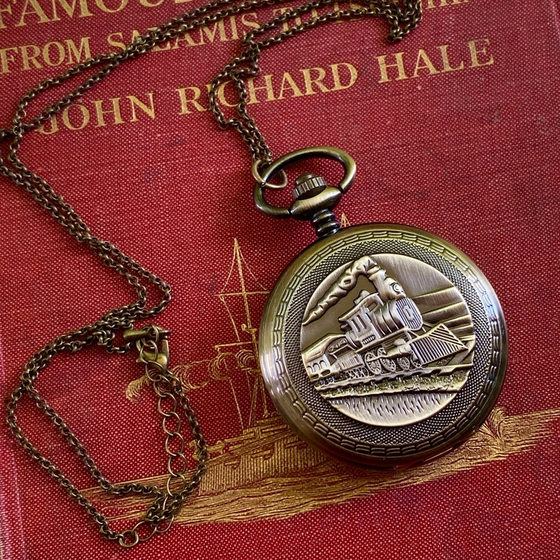 Mechanical Train Pocket Watch on Fob or Necklace Chain in Antiqued Brass image 5