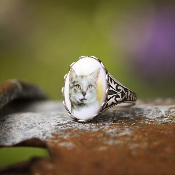 Vintage Cabochon Kitty Cat Bague de cocktail tendance style rétro