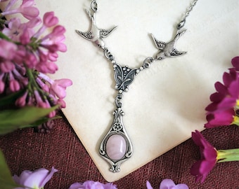 Victorian Rose Quartz Necklace With Birds in Vintage Style.  Choose a Gemstone or Shell Cabochon, Boho, Edwardian, Whimsical, Witchy Jewelry