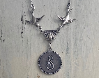 Letter Charm Necklace with Birds- in Antiqued Brass or Silver.