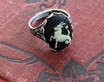Capricorn Zodiac Cameo Ring | Vintage Astrology Jewelry in Antiqued Brass or Silver