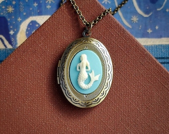 Mermaid Necklace, Light Blue Cameo Locket Pendant in Brass or Silver, Vintage Style Nautical Jewelry, Ocean Fantasy Jewelry