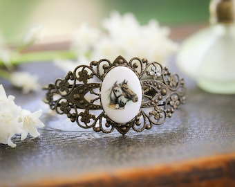 Vintage Horse Cuff, Adjustable Bronze Bracelet in Filigree, Modern Vintage Style